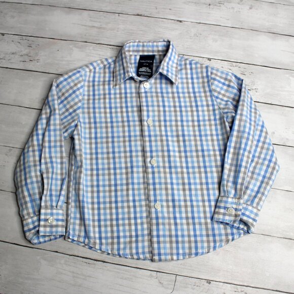 Nautica Boy Button Up Dress Shirt Size 4T 4 Blue White Gray Check - Picture 3 of 5